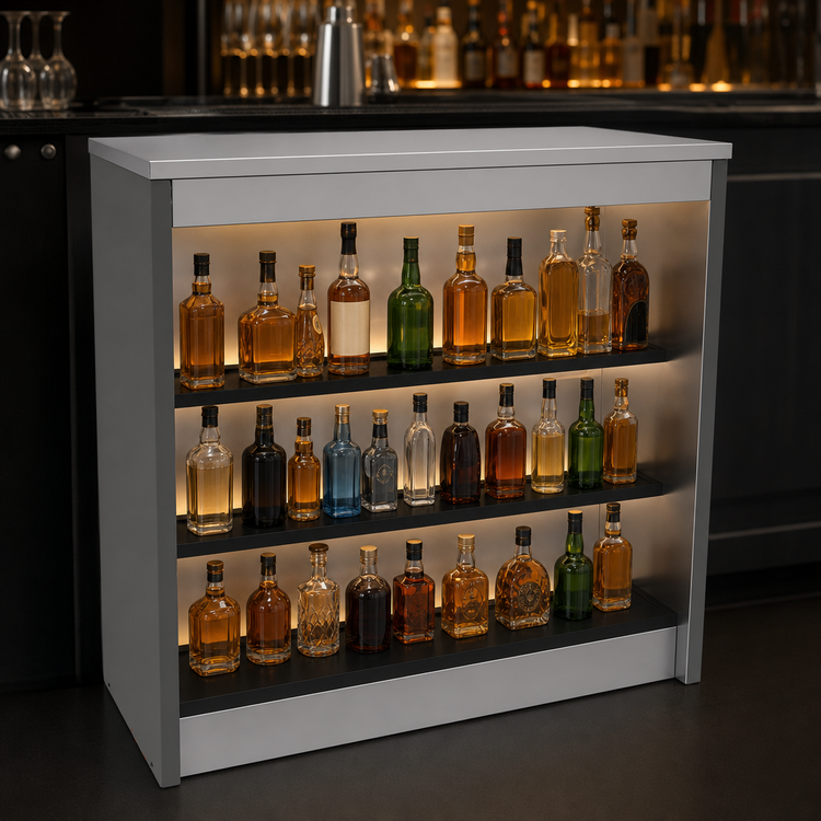 Product image #3 for Glastender BLD-36 36-Inch Wide Open Front Back Bar Liquor Display Cabinet with 3-Step LED Lighting