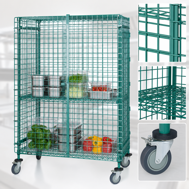 Product image #3 for Quantum Mobile Wire Security Cage with 2 Shelves, Doors, and Casters, 48 x 21 x 69 Inches