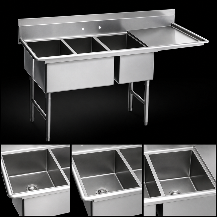 Product image #3 for Eagle Group Spec-Master Supermarket Meat Platter Three-Compartment Sink, 59 x 37 in., 10 in. Backsplash