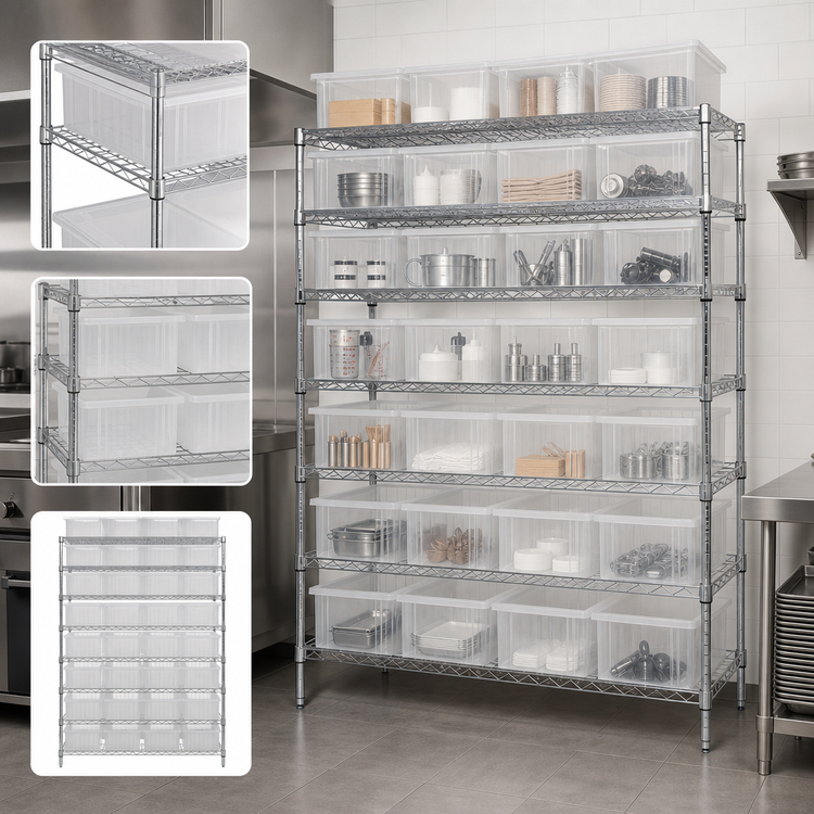 Product image #3 for Quantum 48"W x 18"D x 74"H Stationary Bin Wire Shelving System with 9 Shelves and 36 Clear Containers, Chrome Plated