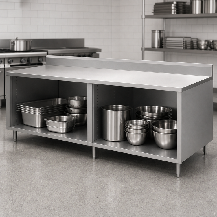 Product image #3 for BK Resources Stainless Steel Chef Table with Cabinet Base and 5-Inch Riser, 120 x 30 Inches