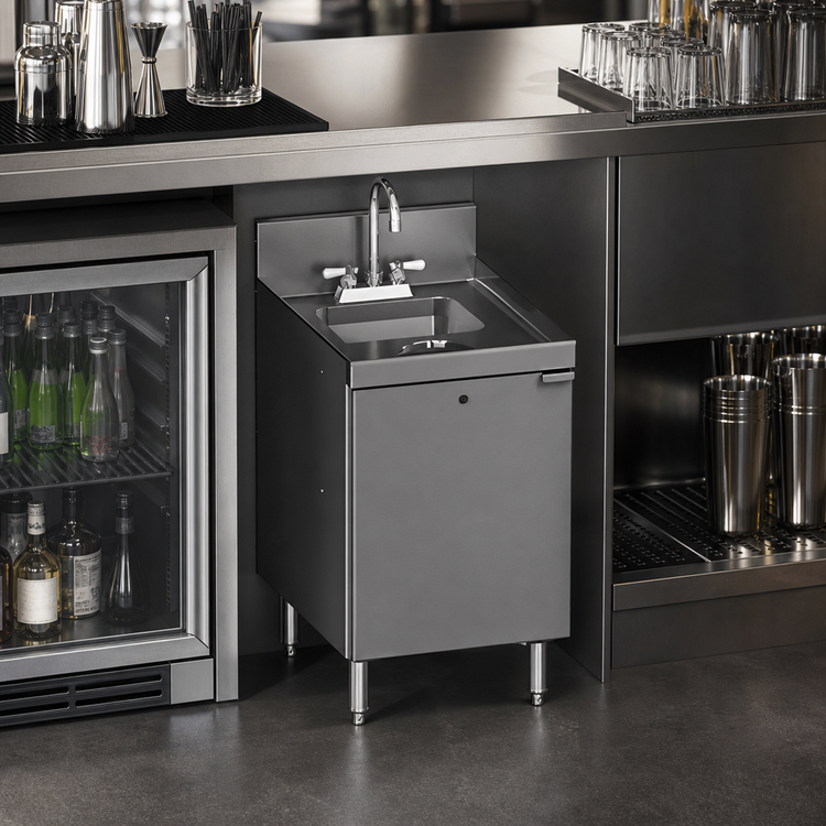 Product image #3 for CHOICE 18-Inch Stainless Steel Underbar Hand & Dump Sink Cabinet with Hinged Door, Faucet, and Dry Waste Chute