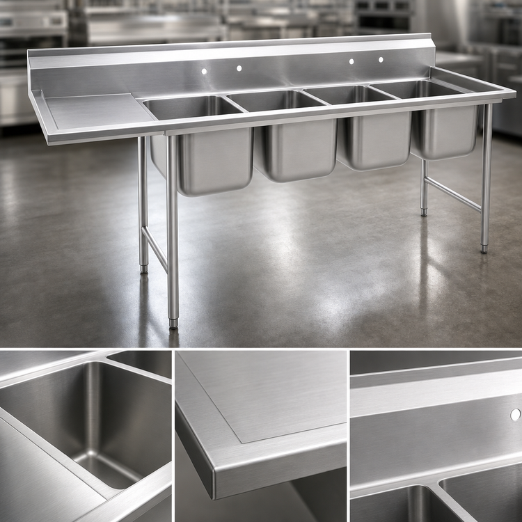 Product image #3 for Eagle Group 414 Series Four-Compartment Stainless Steel Sink with 24" x 24" x 13-1/2" Bowls and 18" Right Drainboard