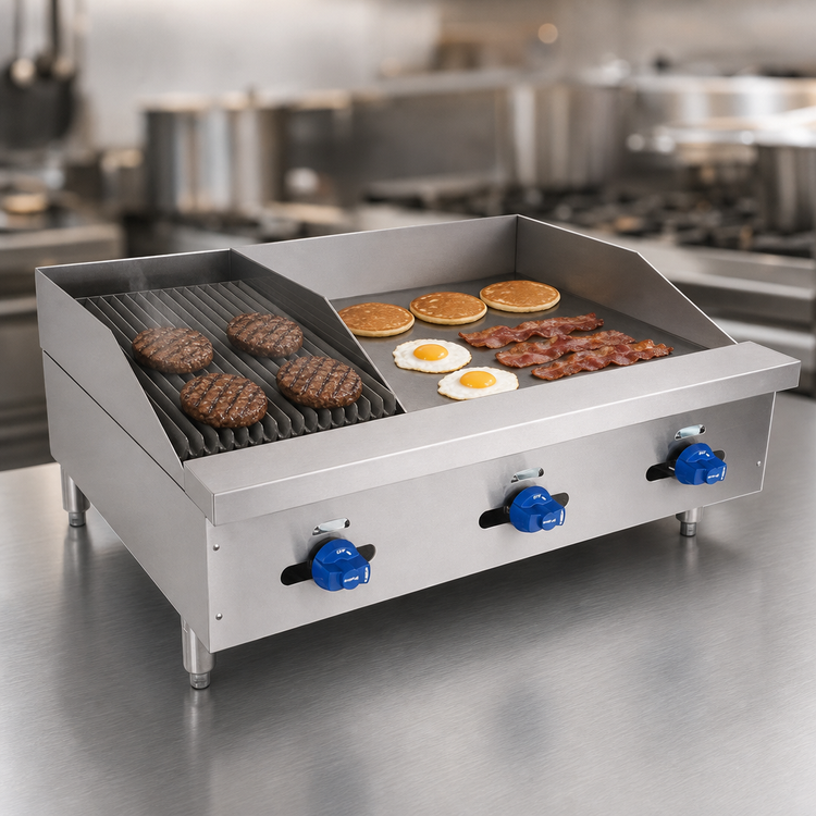 Product image #3 for Comstock-Castle 36-Inch Countertop Gas Char-Broiler/Griddle Combination with 24-Inch Griddle and 12-Inch Radiant Broiler