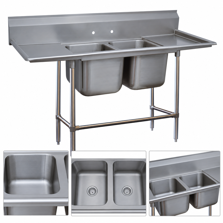 Product image #3 for Regaline 2-Compartment Sink with Left and Right Drainboards, 20 x 20 Inch Bowls, 14 Gauge 304 Stainless Steel
