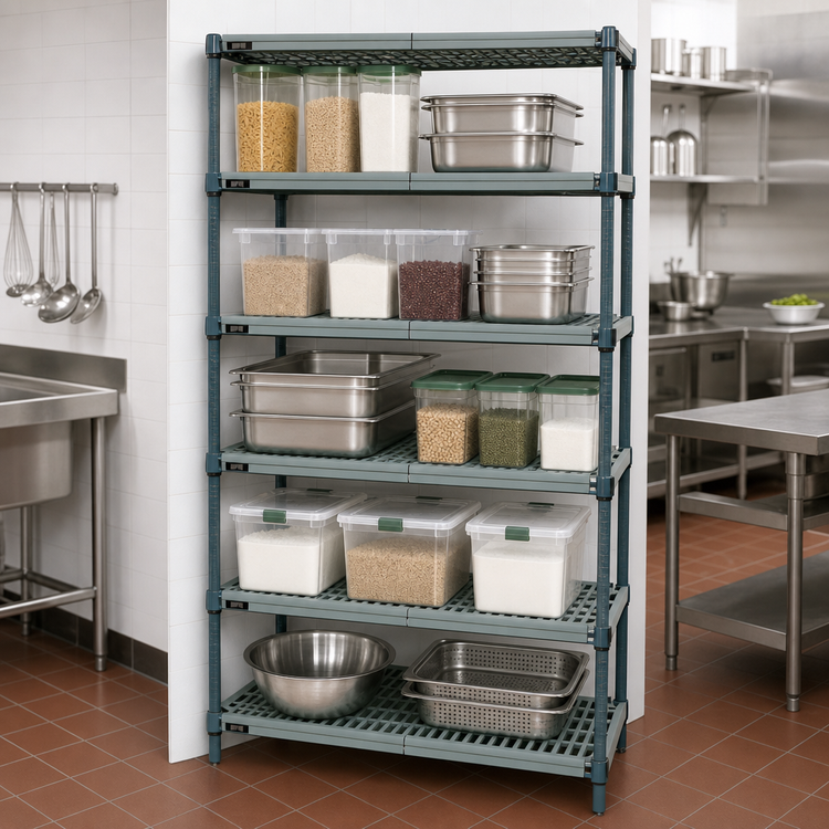 Product image #3 for Quantum Stationary Wire Plastic Mat Shelving Unit, 5-Tier, 48 x 24 x 86 Inches, Green Epoxy Antimicrobial