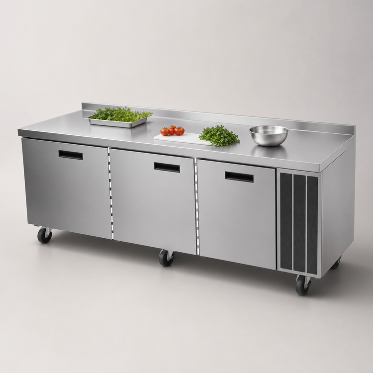 Product image #3 for Delfield 99-Inch 3-Section Refrigerated Work Table with Stainless Steel Top, Side-Mounted R290 Refrigeration, and 3 Doors