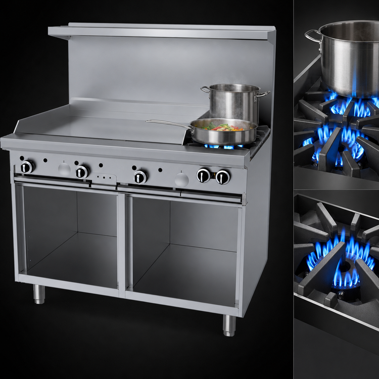 Product image #3 for Garland G Starfire Pro 48-Inch Commercial Gas Restaurant Range with 2 Open Burners, 36-Inch Griddle, and 2 Storage Bases