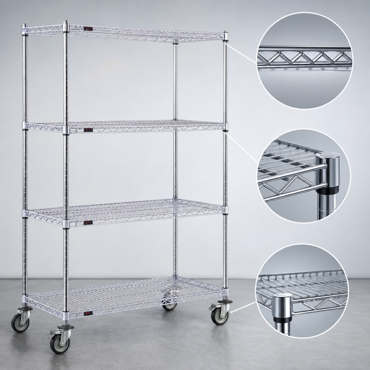 Product image #3 for Eagle Group 4-Tier Chrome Wire Shelving Dolly Truck, 24 x 36 Inch Shelves, 69 Inch High, 5 Inch Poly Swivel/Brake Casters