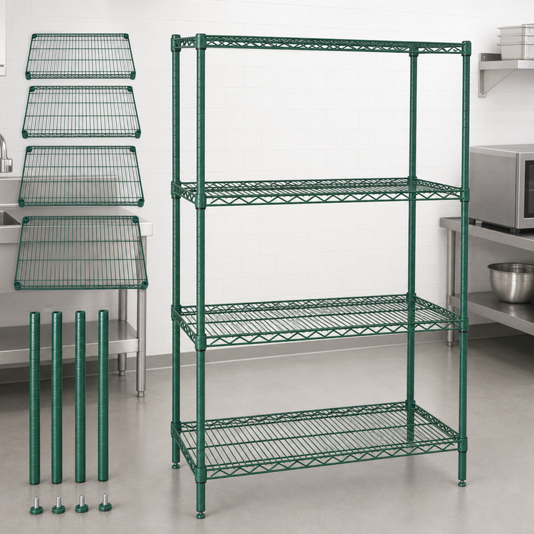Product image #3 for Quantum Stationary Wire Shelving Starter Kit, 48" W x 21" D x 54" H, 4 Shelves, 600-800 lb. Capacity, Green Epoxy Finish