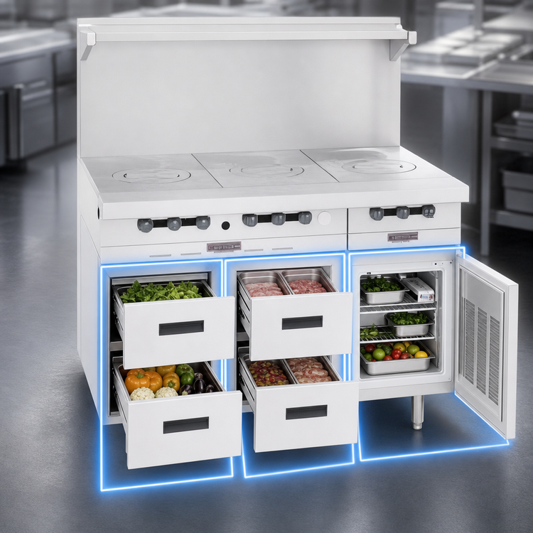 Product image #3 for Garland Arctic Fire 85-Inch Three-Section Refrigerator Base with 6 Self-Closing Drawers, Remote Refrigeration