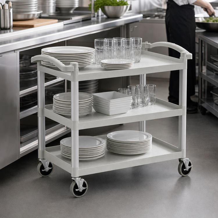 Product image #4 for Cambro KD Low-Profile 3-Shelf Utility Bus Cart, Speckled Gray, 400 lb. Capacity