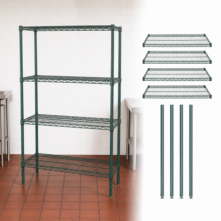 Product image #3 for Quantum 60W x 18D x 74H 4-Shelf Wire Shelving Starter Kit, Stationary, Green Epoxy Antimicrobial Finish