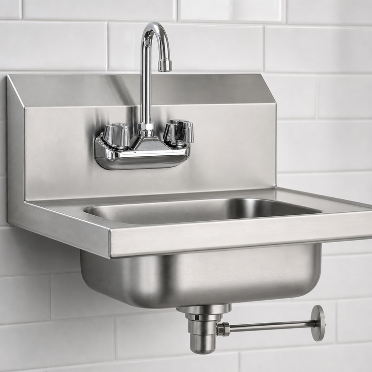 Product image #3 for Eagle Group HSA-10-FL-1X Wall-Mounted 304 Stainless Steel Hand Sink with Splash-Mounted Gooseneck Faucet and Lever Drain, 14 x 10 x 5 Inch Bowl