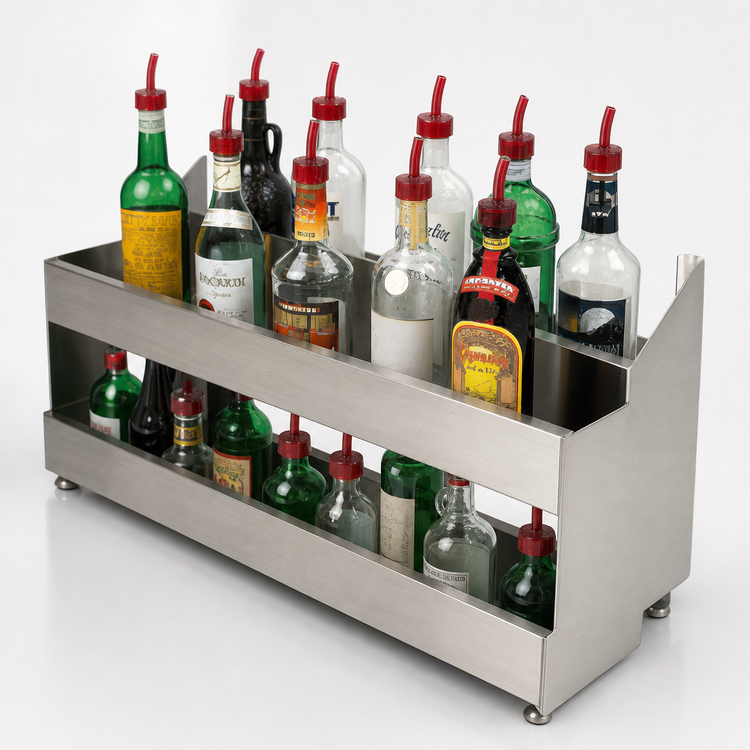 Product image #3 for Advance Tabco Underbar Basics™ Heavy Duty Double-Tier Stainless Steel Speed Rail, 42 Inch, 22-24 Bottle Capacity