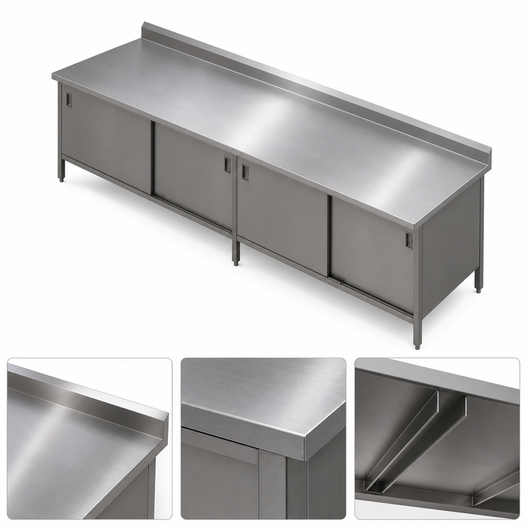 Product image #3 for John Boos 16 Gauge 300 Series Stainless Steel Enclosed Base Work Table with Sliding Doors, 144 x 30 Inch, 5 Inch Backsplash