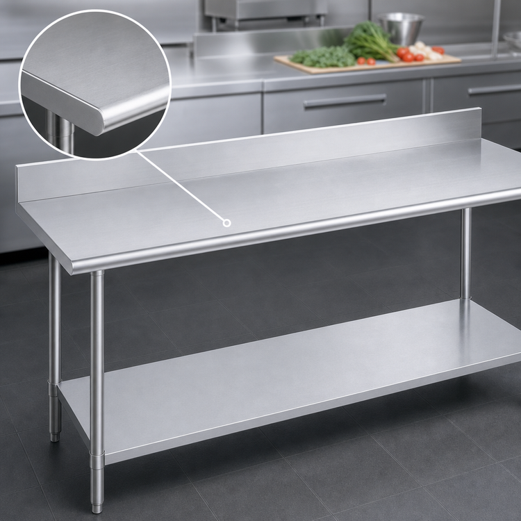Product image #3 for Duke 120 Inch x 36 Inch 16-Gauge 400 Series Stainless Steel Work Table with 5 Inch Riser and Galvanized Undershelf