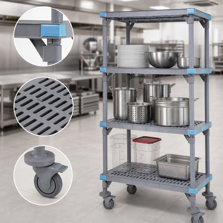 Product image #3 for Millenia Mobile Polymer Shelving Starter Unit, 4 Open Grid Shelves, Gray, 48 x 21 x 86 Inches