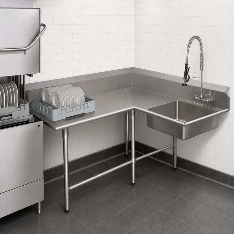 Product image #3 for John Boos Pro-Bowl L-Shaped Corner Soiled Dishtable with 20" x 20" x 8" Sink Bowl, Left-to-Right, 72" x 60", Stainless Steel