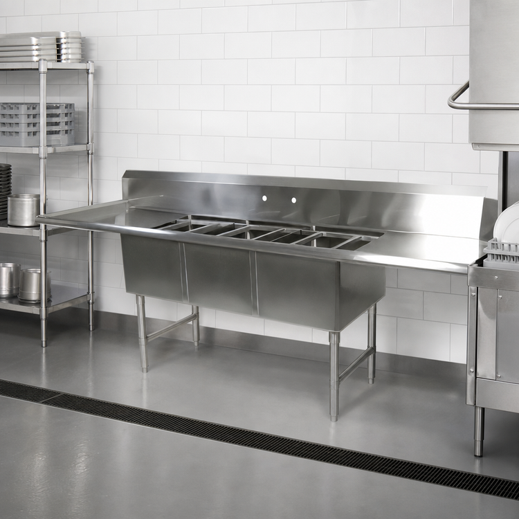Product image #3 for John Boos Straight Stainless Steel Dishtable/Pot Sink, 121-5/8 Inches Wide, 3 Compartments, 2 Drainboards, Right-Side Dish Machine Attachment