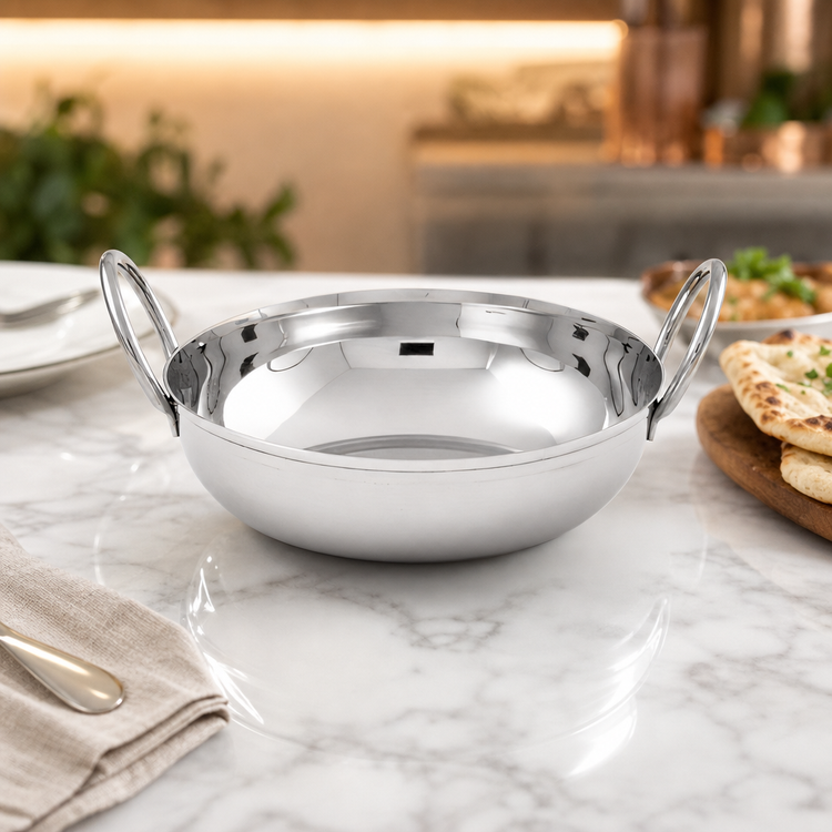 Product image #4 for American Metalcraft 18 oz. Stainless Steel Mirror Finish Balti Dish with Handles