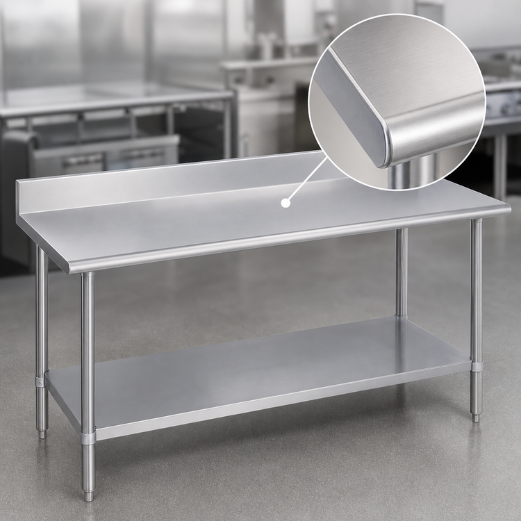 Product image #3 for Duke 30 x 120-Inch 16-Gauge 300 Series Stainless Steel Work Table with 5-Inch Riser, Stainless Undershelf and Posts