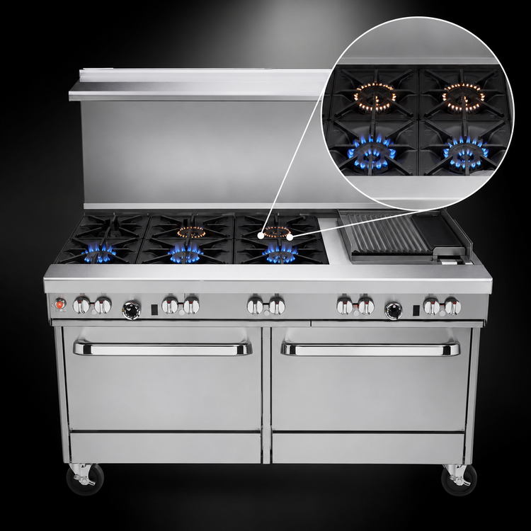 Product image #3 for Southbend Ultimate 60-Inch Commercial Gas Restaurant Range with 3 Star/Saute Burners, 2 Pyromax Burners, Raised Griddle/Broiler, Convection Oven and Cabinet Base