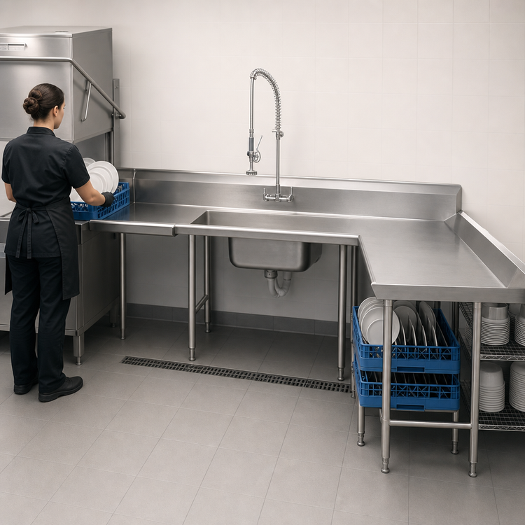 Product image #3 for Advance Tabco U-Shaped Right-Hand Soiled Dish Table with Pre-Rinse Sink and Dishlanding, 131-Inch, 14 Gauge Stainless Steel