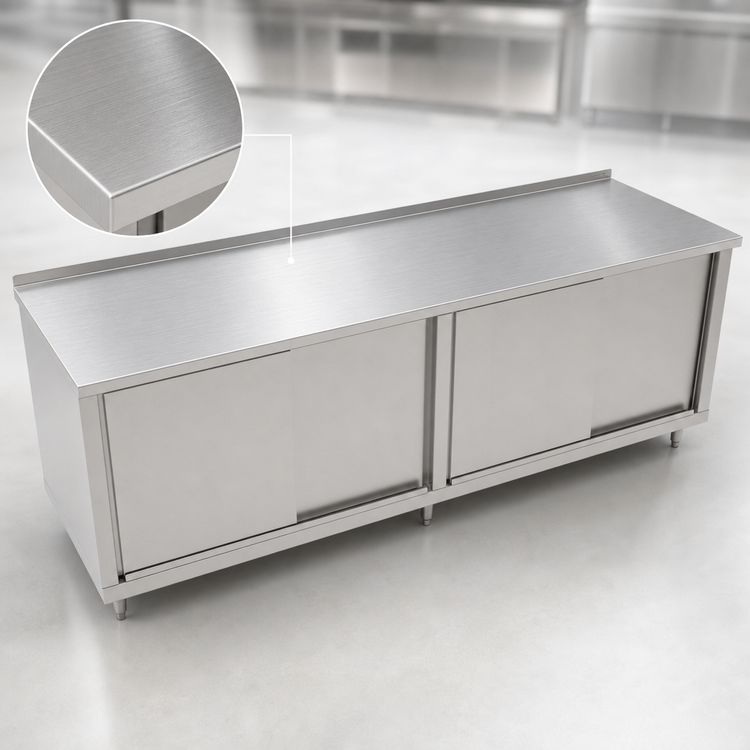 Product image #3 for John Boos 132" W x 36" D Stainless Steel Cabinet Base Work Table with Sliding Doors, 14-Gauge Top, 1-1/2" Rear Riser