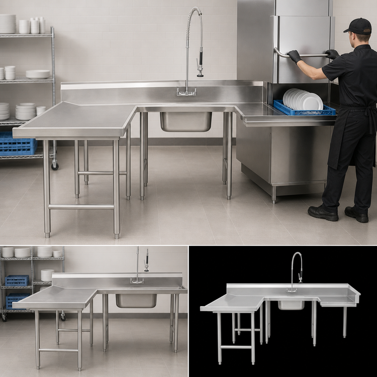 Product image #3 for Advance Tabco U-Shaped Soiled Dish Table with Left-Hand Attachment, Pre-Rinse Sink, and Landing