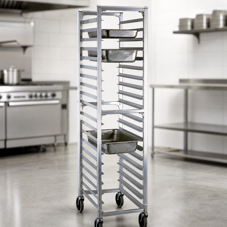 Product image #3 for New Age Full-Height Open-Sided End-Loading Aluminum Steam Table Pan Rack for 20 12-Inch x 20-Inch Pans with 5-Inch Stem Casters