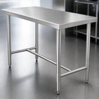 Thumbnail image #3 for Klinger's Trading HST2484 84"W x 24"D x 36"H Stainless Steel Work Table with Open H-Frame Base, Flat Top and Turned-Down Edges