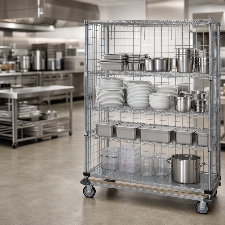 Product image #3 for Quantum Wire Enclosed Mobile Cart with 4 Shelves, 36 x 24 x 69 Inches, 1200 lb Capacity, Chrome-Plated Finish