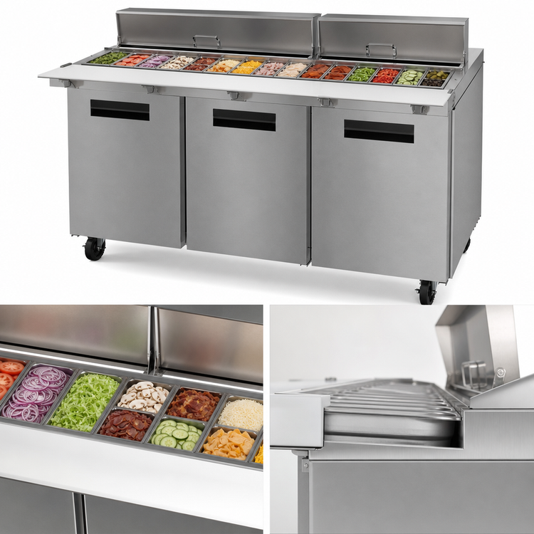 Product image #3 for Hoshizaki Steelheart 72-Inch Three-Section Mega Top Refrigerator Prep Table with 30-Pan Rail