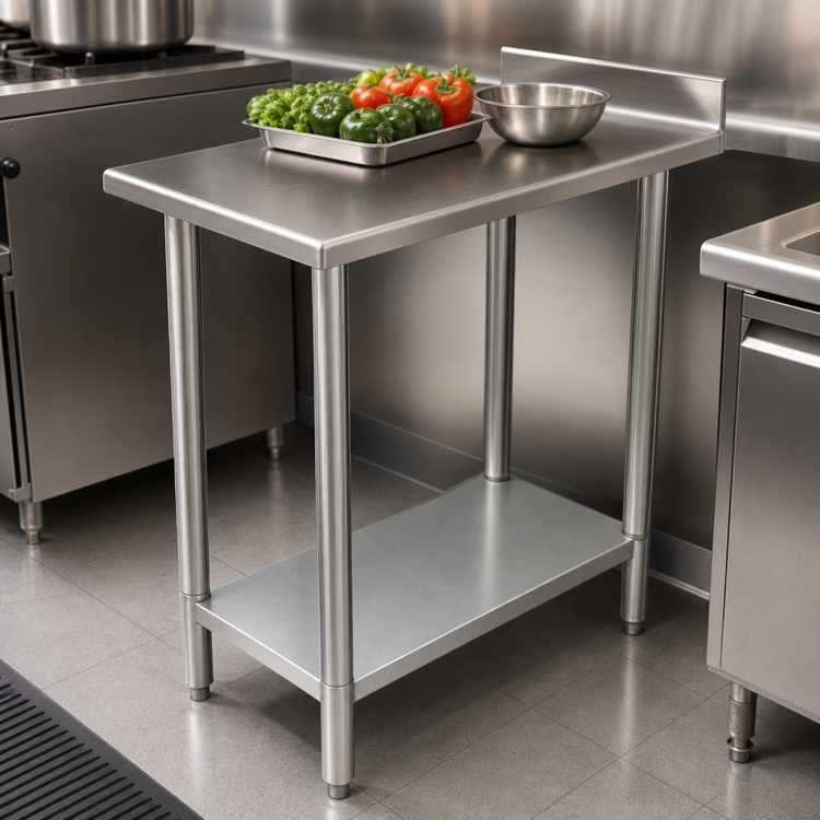 Product image #3 for Serv-Ware 12-Inch x 30-Inch Equipment Filler Table with 18/430 Stainless Steel Top, 1-1/2-Inch Rear Up-Turn, and Galvanized Undershelf