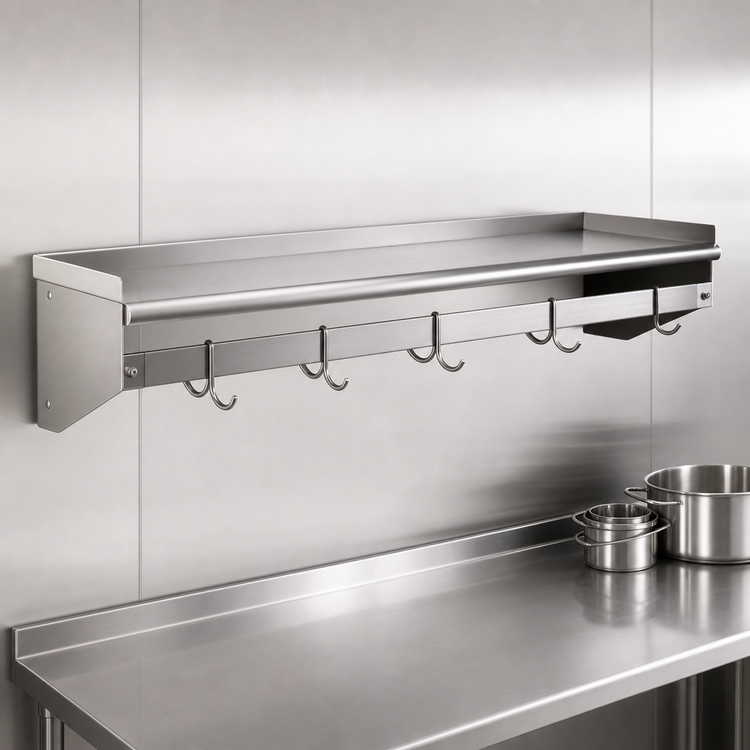Product image #3 for Wall-Mounted Stainless Steel Pot Rack Shelf, 60 x 18 Inches, with 5 Removable Hooks