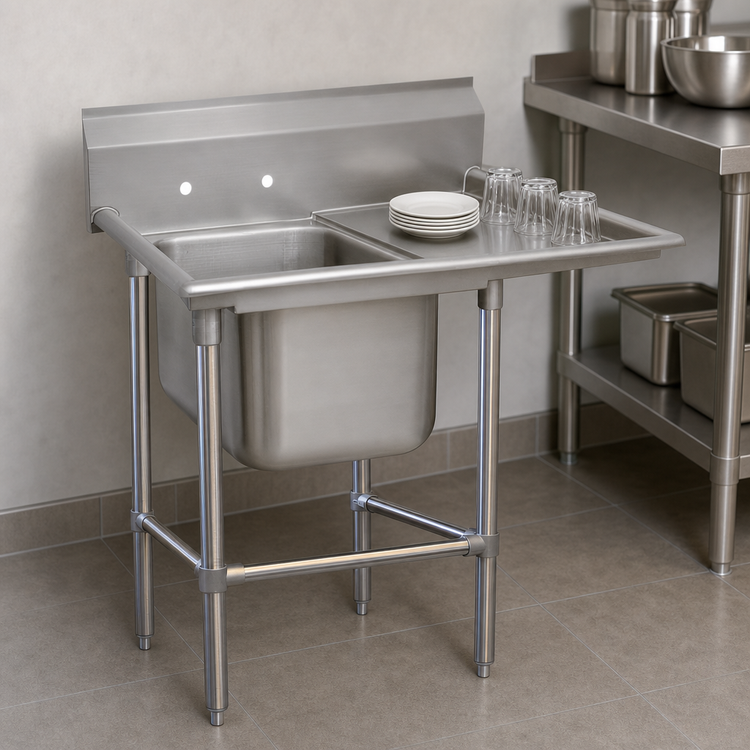 Product image #3 for Regaline 1-Compartment Commercial Sink with Right-Hand Drainboard, 24 x 24 Inch Bowl, 14 Gauge 304 Stainless Steel