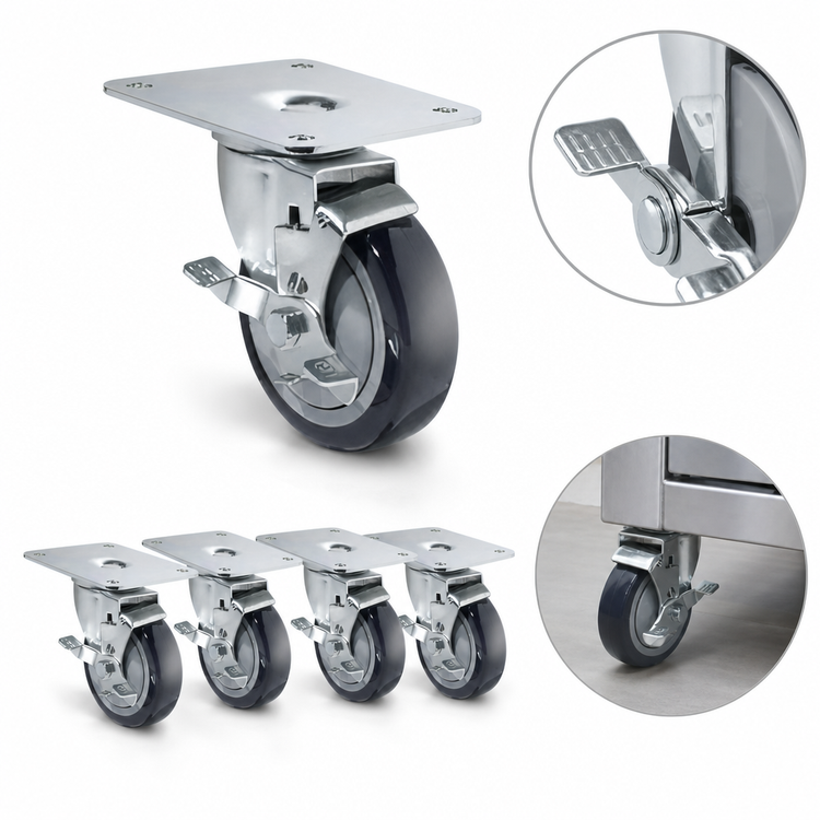 Product image #3 for Krowne Royal Series Plate Caster Set of 4 with Brake, 4-Inch Wheel, 4 x 5-Inch Plate