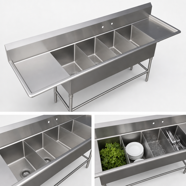 Product image #3 for John Boos Pro-Bowl 4-Compartment 12-Inch Deep Stainless Steel Sink with Left and Right Drainboards