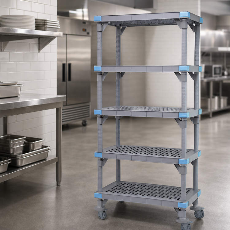 Product image #3 for Quantum Millenia Mobile Polymer Shelving Starter Unit with 5 Open Grid Shelves, 72 x 21 x 74 Inches, Gray