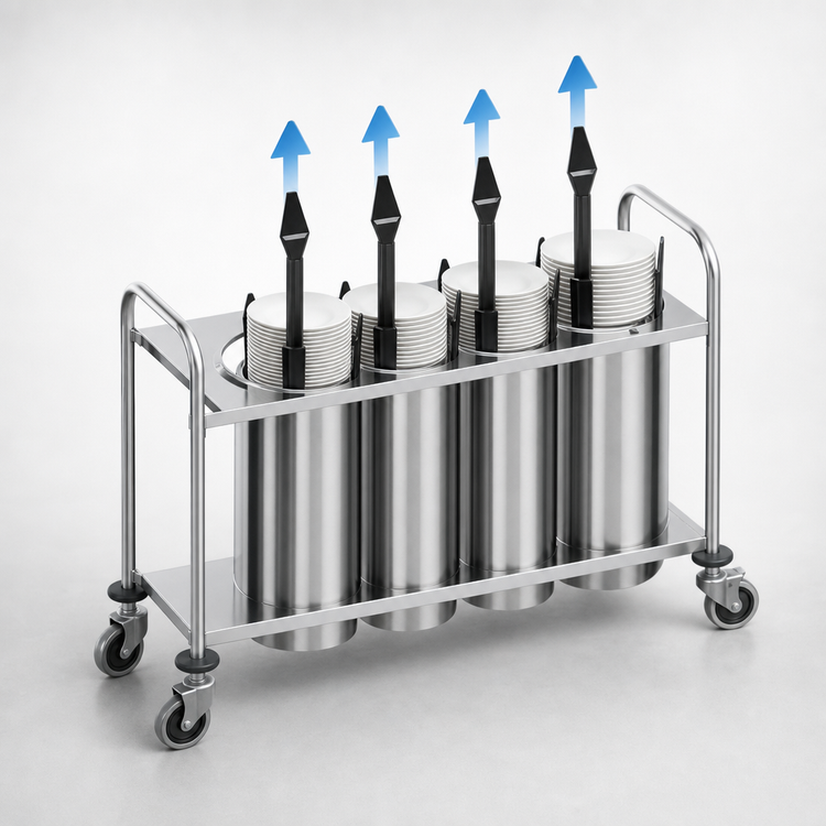 Product image #3 for Atlas Metal 4-Stack Mobile Open Frame Unheated Plate Dispenser, 7-1/4-Inch Max Dish Diameter