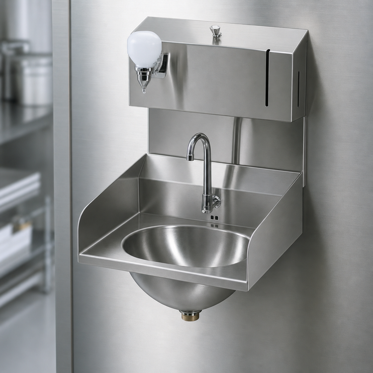 Product image #3 for Eagle Group Wall-Mount Hand Sink with Electronic-Eye Gooseneck Faucet, Soap & Towel Dispensers, Side Splashes, 304 Stainless Steel