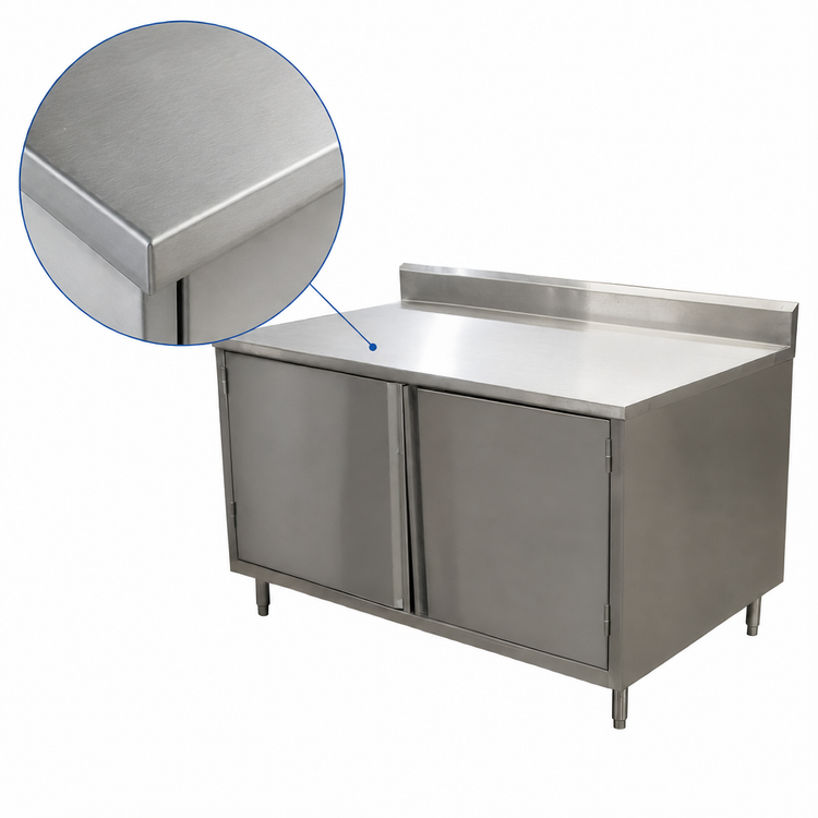 Product image #3 for BK Resources 24 x 24 Inch Stainless Steel Enclosed Work Table with Cabinet Base, Hinged Doors, and 5-Inch Back Riser
