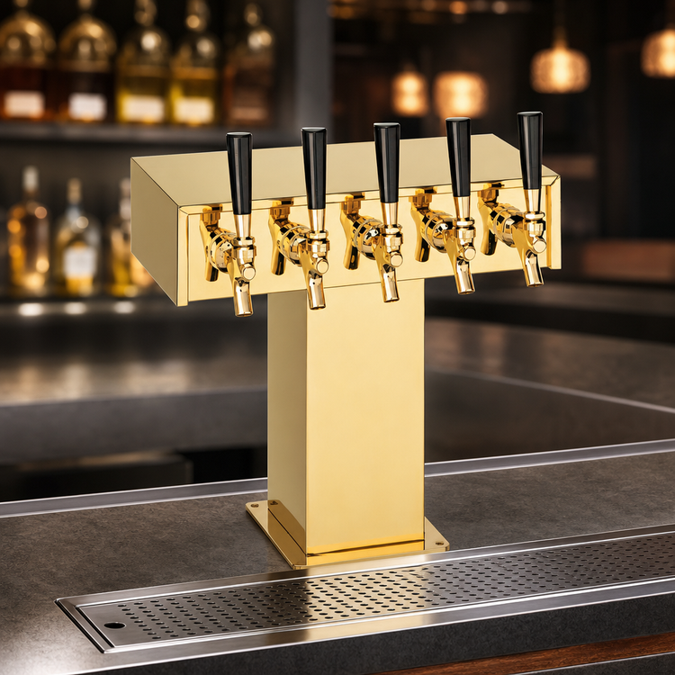 Product image #3 for Perlick 4006-5BTF 5-Faucet Standard-Base Tee Draft Beer Tower, Countertop, Glycol-Cooled, Tarnish-Free Brass Finish