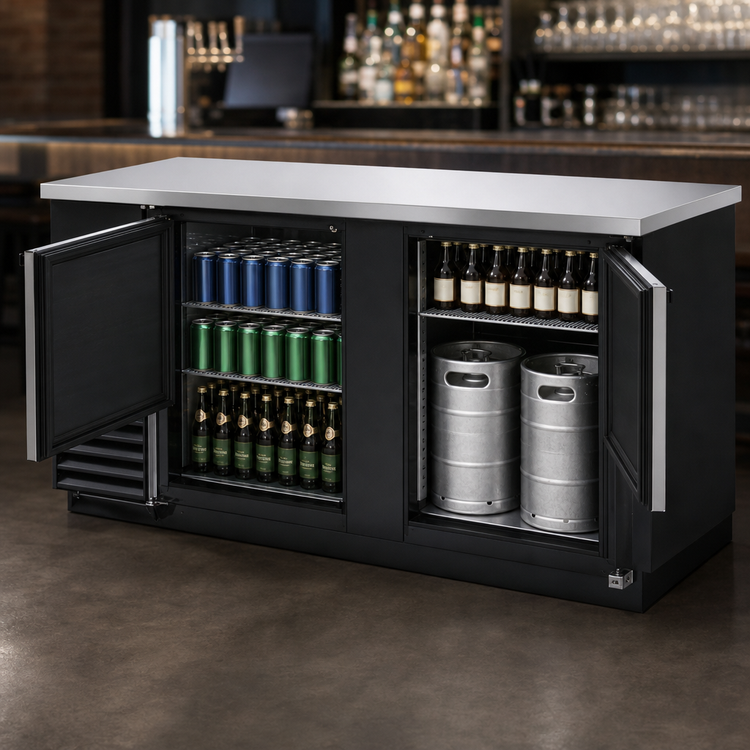Product image #3 for True Two-Section 2-Door Back Bar Cooler with Stainless Steel Top, Self-Contained Side-Mounted Refrigeration, 69-1/8 Inch Wide