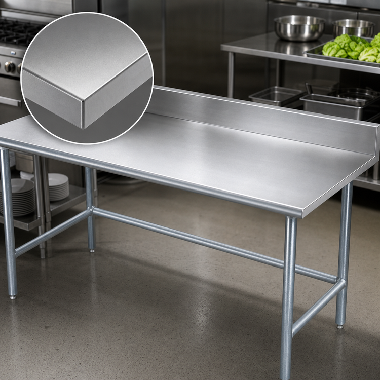 Product image #3 for 144" x 24" 16-Gauge 430 Stainless Steel Work Table with 5" Backsplash and Galvanized Open Base