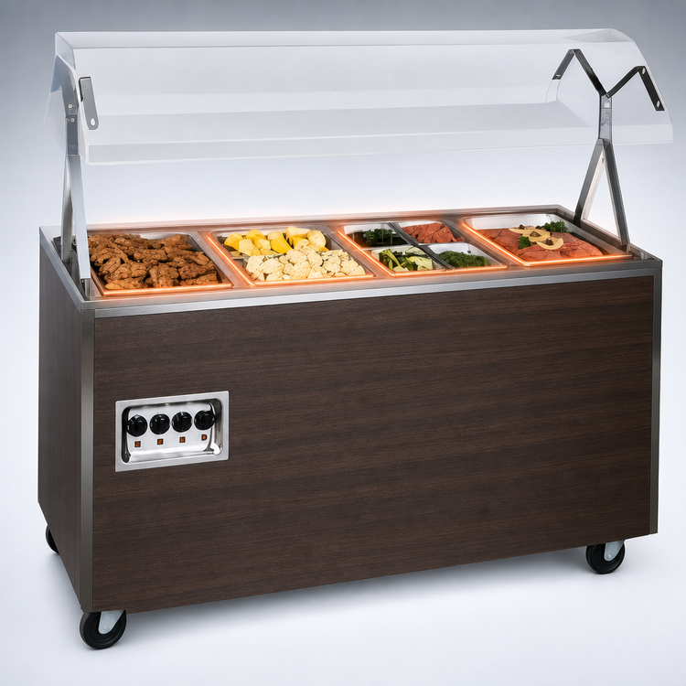 Product image #3 for Vollrath 2-Series Affordable Portable 3-Well Mobile Hot Food Station with Buffet Breath Guard and Enclosed Storage Base, Walnut Woodgrain