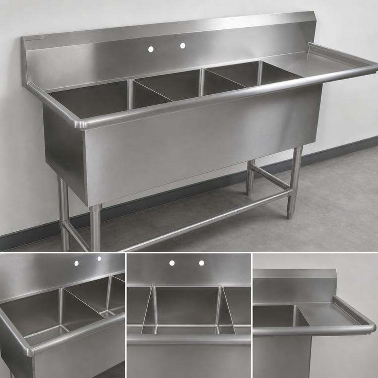 Product image #3 for John Boos Pro-Bowl 3-Compartment Sink with Right Drainboard, 76-3/16 in. x 25-1/2 in., 12 in. Deep Bowls