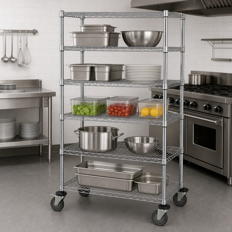 Product image #3 for Quantum 36 x 18 x 80-Inch Mobile Wire Shelving Cart with 5 Shelves, Chrome-Plated Finish