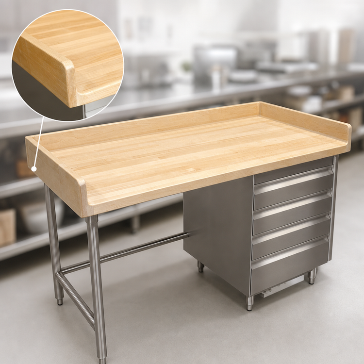 Product image #3 for Advance Tabco 60" x 30" Wood Top Bakers' Work Table with Stainless Steel Base, 3-Tier Right Drawers, and 4" Splash